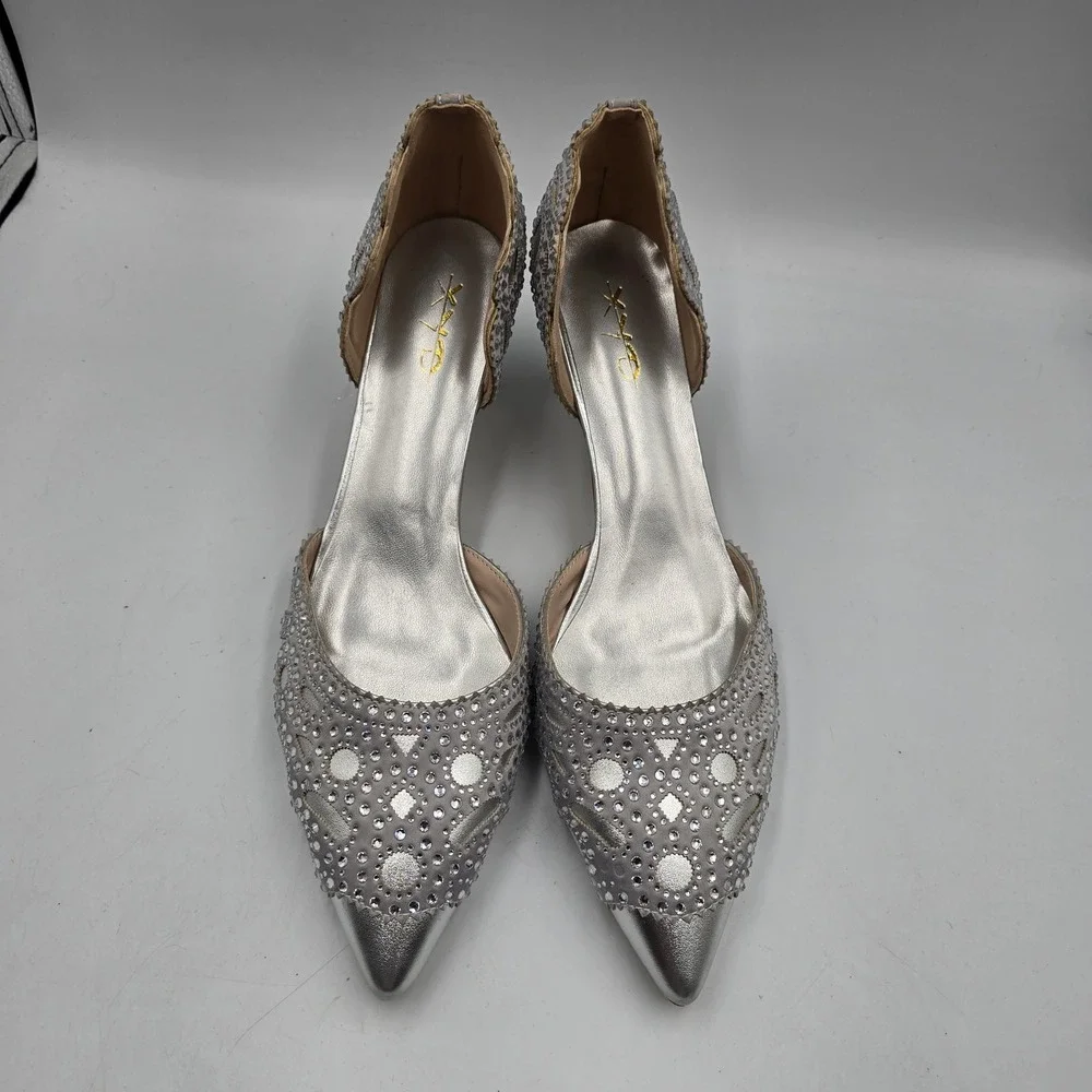 XYD Heels Women 14 D'Orsay Kitten Silver Rhinestone Laser Cut Scalloped Big Girl